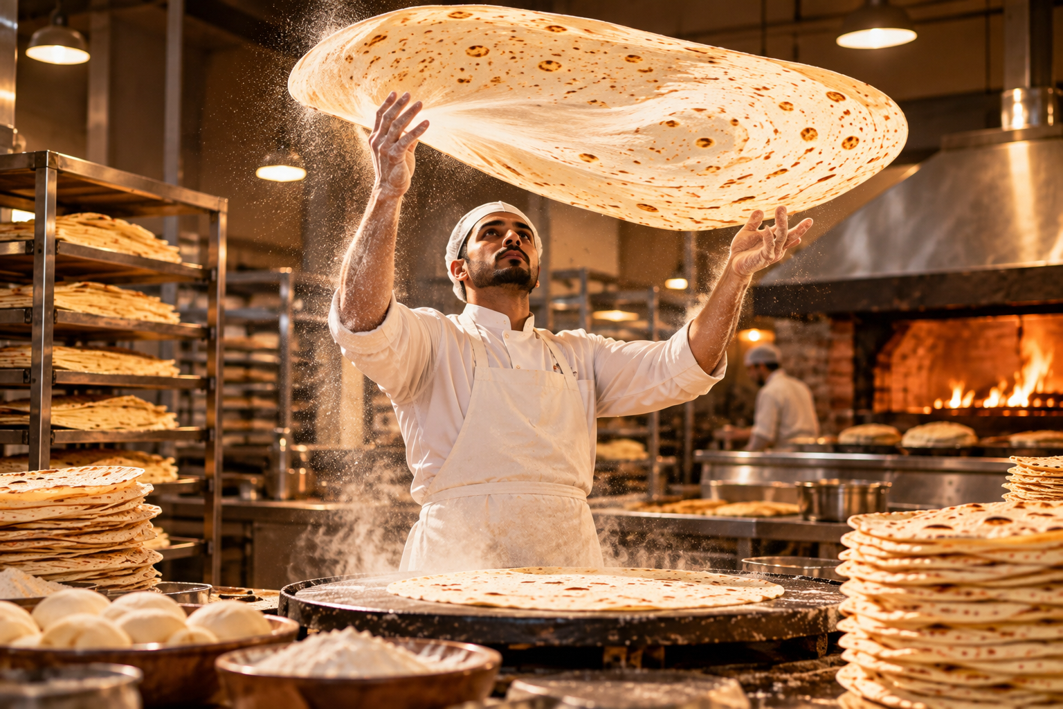 Professional baker preparing Saj bread